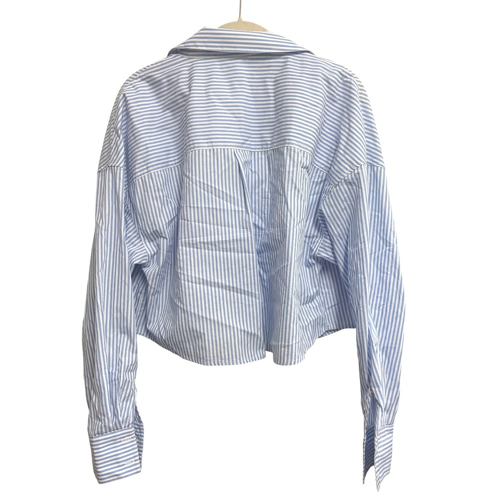 Favorite Daughter The Crop Stripe Cotton Button-Up Shirt Blue M - Picture 9 of 15